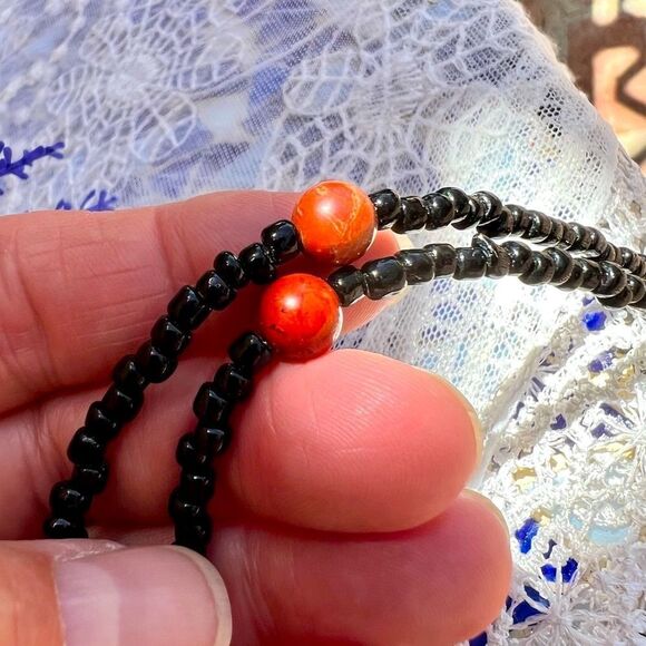 Vintage Art Glass & Genuine Red Jasper Stone Seed Bead Choker Necklace - Picture 9 of 12